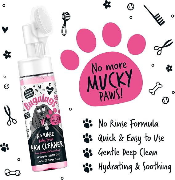BUGALUGS Dog Paw Cleaner – No-Rinse Waterless Foam with Silicone Brush, Baby Fresh, Travel-Friendly Paw Wash for Dogs & Cats
