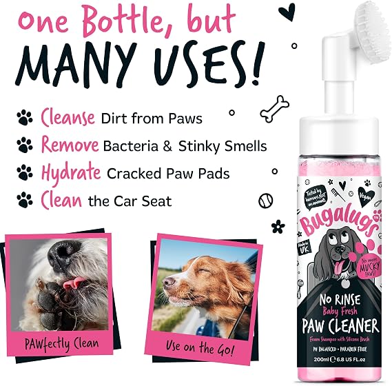 BUGALUGS Dog Paw Cleaner – No-Rinse Waterless Foam with Silicone Brush, Baby Fresh, Travel-Friendly Paw Wash for Dogs & Cats