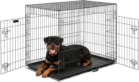 FurDreams 42" Folding Dog Crate for XL Dogs – Heavy-Duty Metal Cage with Front & Side Doors, Removable Plastic Tray, Carry Handle, Black