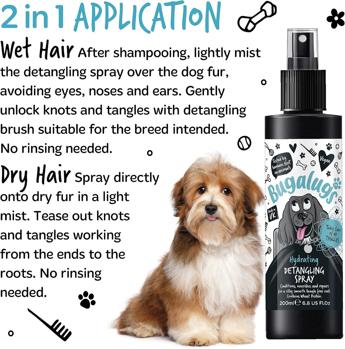 Bugalugs Dog Detangler Spray 200ml – Leave-In Conditioner for Knots & Tangles, Professional Grooming Formula