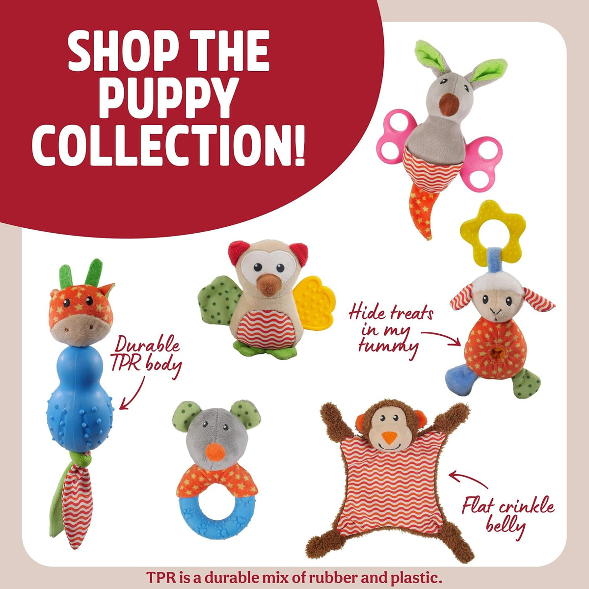 Rosewood Little Nippers Cheeky Chimp Puppy Toy – Soft Plush Dog Toy with Crinkle & Squeak | Flat Body Teething Toy for Puppies & Small Dogs