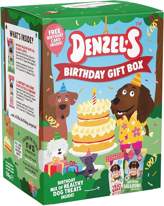Denzel's Dog Treats Mini Birthday Gift Box for Dogs – Birthday Cake & Balloon Treats with Peanut Butter, Strawberry, Coconut & Apple, 110g