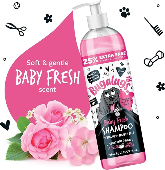 BUGALUGS Baby Fresh Dog Shampoo – Vegan Puppy & Dog Grooming Shampoo with Baby Powder Scent, 625ml