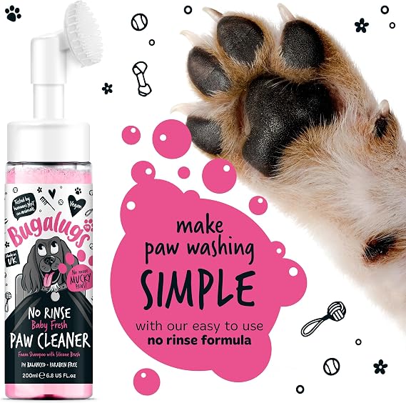 BUGALUGS Dog Paw Cleaner – No-Rinse Waterless Foam with Silicone Brush, Baby Fresh, Travel-Friendly Paw Wash for Dogs & Cats