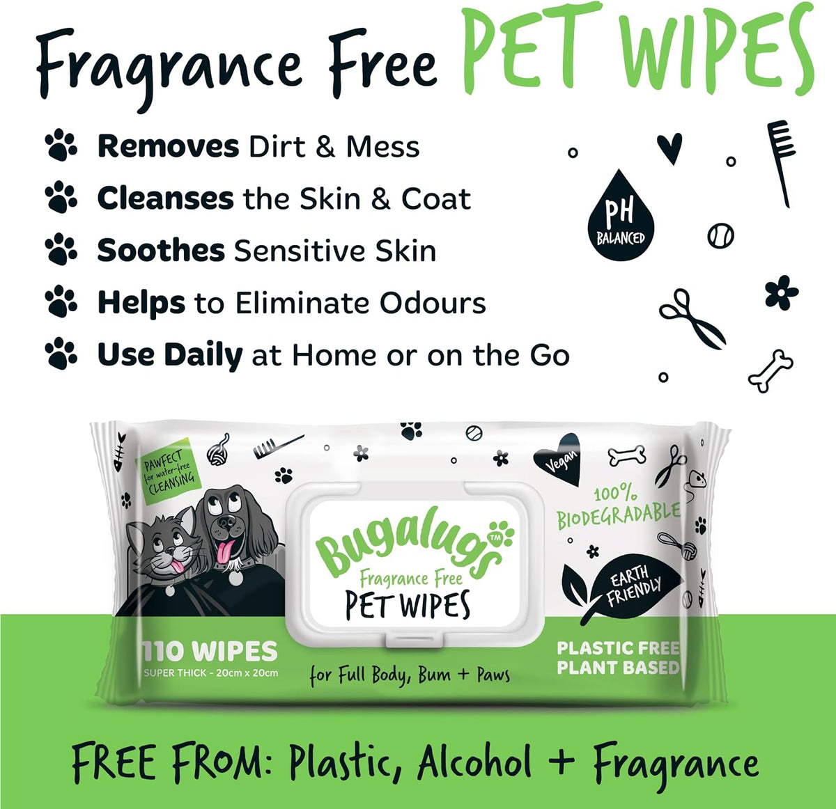 BUGALUGS Dog Wipes – 100% Plastic-Free Biodegradable Pet Wipes, Fragrance-Free Grooming Wipes for Dogs, Puppies & Cats, 110 Wipes