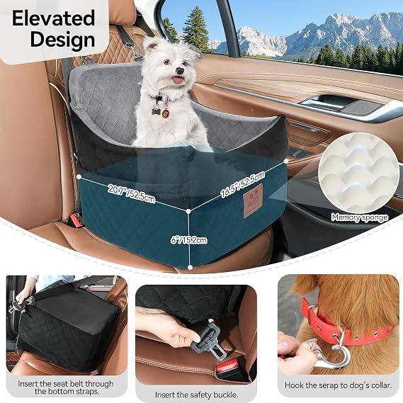 Dog Car Seat for Small & Medium Dogs – Booster Seat with Thick Washable Cushion, 2 Safety Belts & Storage Pockets, Black/Grey