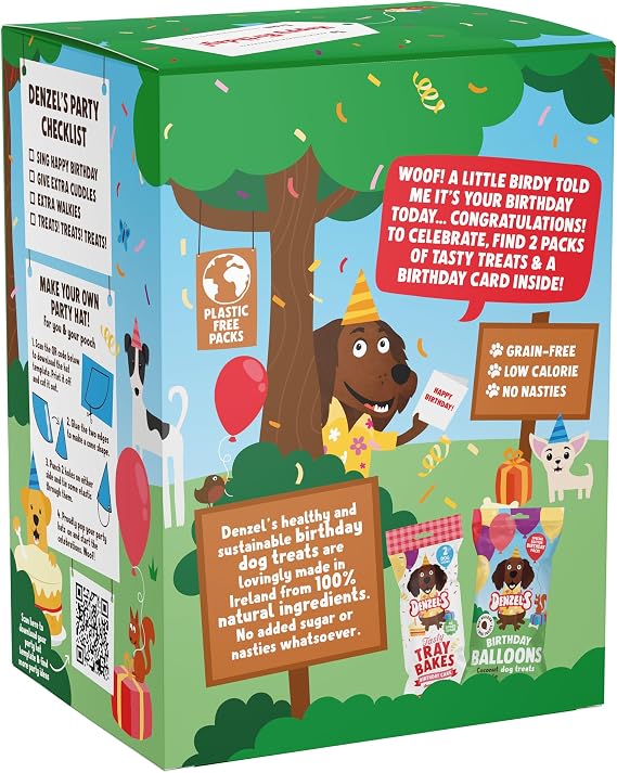 Denzel's Dog Treats Mini Birthday Gift Box for Dogs – Birthday Cake & Balloon Treats with Peanut Butter, Strawberry, Coconut & Apple, 110g