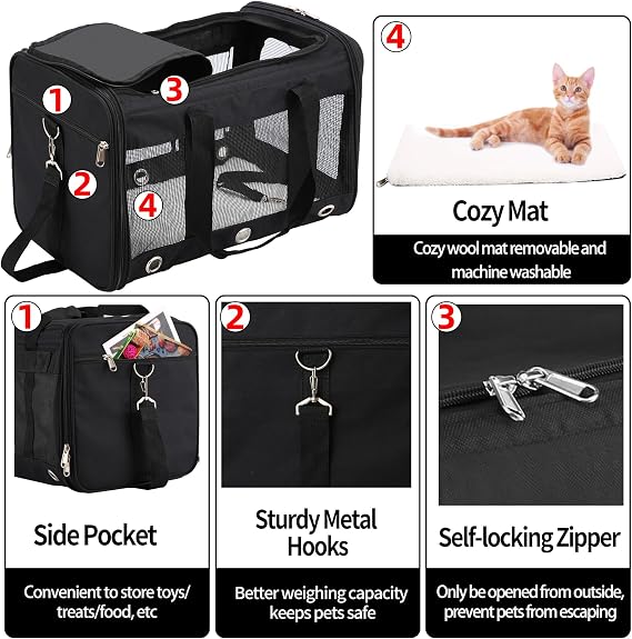 Dycietx Soft Sided Pet Carrier Bag – Foldable Cat & Dog Travel Carrier with Shoulder Strap & Removable Mat, Black, Medium