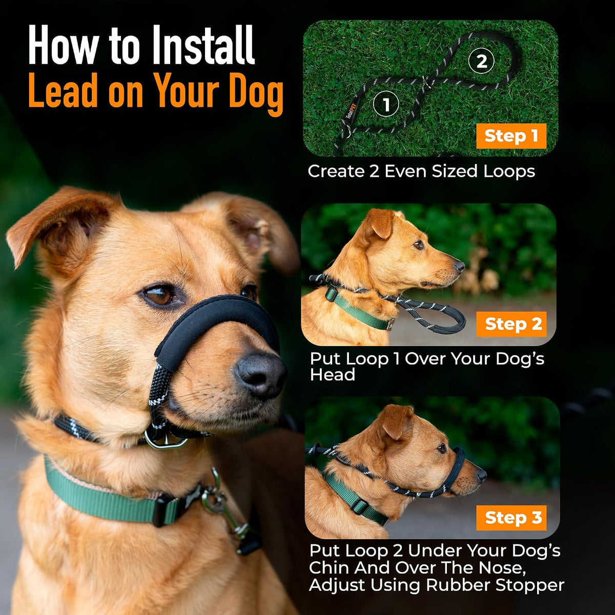 Total Pet Figure of 8 Dog Lead – Anti-Pull Rope Slip Lead with Padded Nose Support for Medium & Large Dogs, Black
