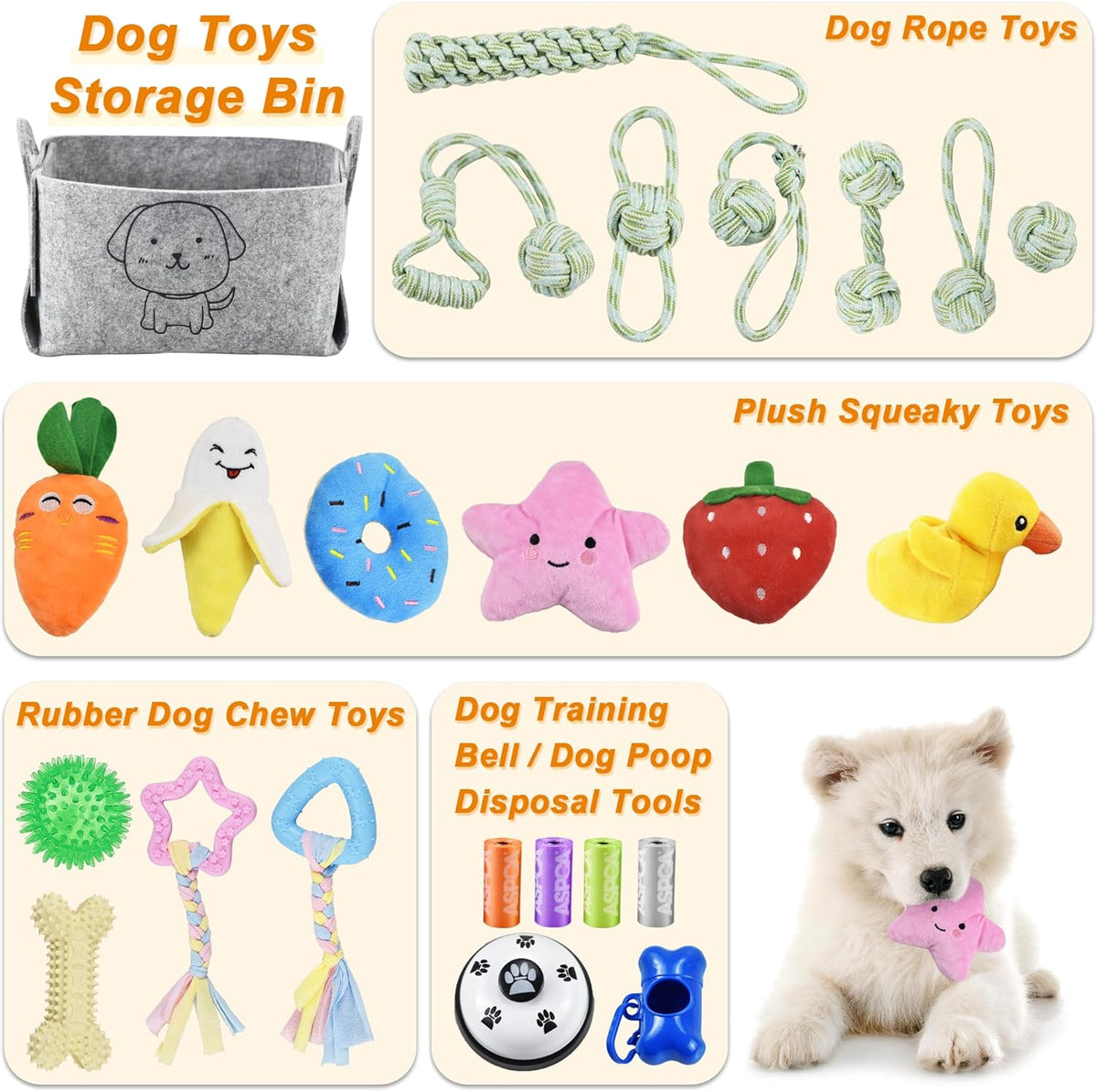 Fur & Bone Dog Chew Toys 10-Pack – Puppy Teething, Rope & Squeaky Toys for Small & Medium Dogs