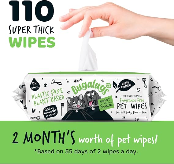 BUGALUGS Dog Wipes – Plastic-Free Biodegradable Pet Grooming Wipes, Fragrance-Free Sensitive Wipes for Dogs, Puppies & Cats, 110 Wipes