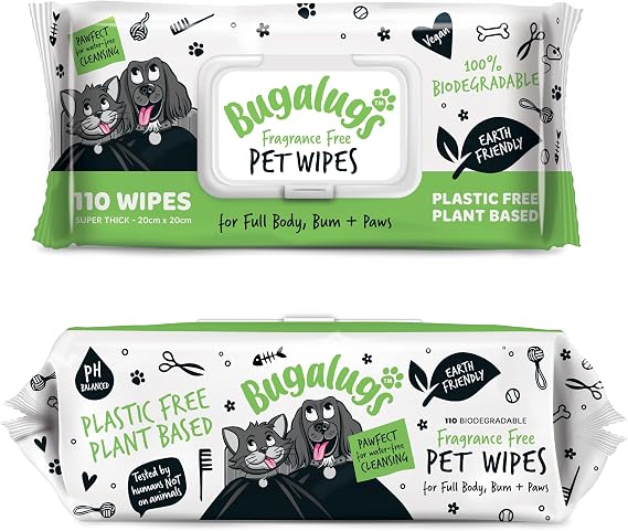 BUGALUGS Dog Wipes – 100% Plastic-Free Biodegradable Pet Wipes, Fragrance-Free Grooming Wipes for Dogs, Puppies & Cats, 110 Wipes