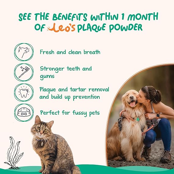 Leo's Plaque Off Powder for Dogs & Cats – Natural Dental Care Food Topper for Teeth & Fresh Breath, 200g