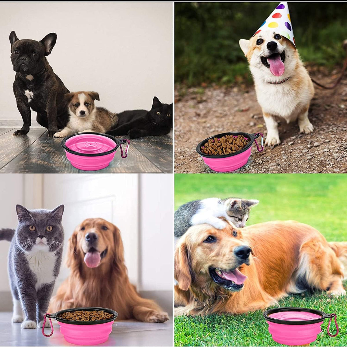 Collapsible Dog Bowl 350ml – Portable Pet Water & Food Bowl with Carabiner, Small Pink