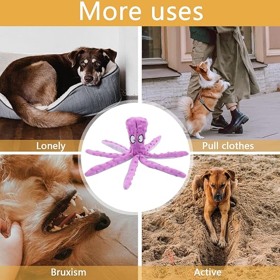 RAYITO Octopus Dog Toy – No Stuffing Squeaky Plush Toy for Dogs, Interactive Chew & Play Toy, Purple