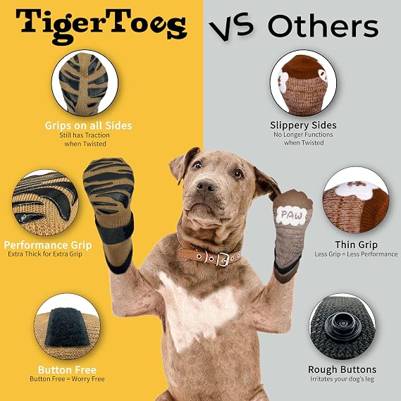 DOK TigerToes Premium Non-Slip Dog Socks – Extra-Thick Grip Paw Protection for Hardwood Floors, Anti-Slip & Paw Cover Socks, Cool Caramel, Large
