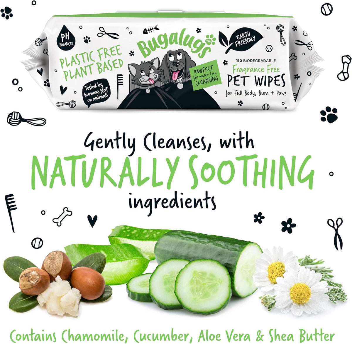 BUGALUGS Dog Wipes – 100% Plastic-Free Biodegradable Pet Wipes, Fragrance-Free Grooming Wipes for Dogs, Puppies & Cats, 110 Wipes