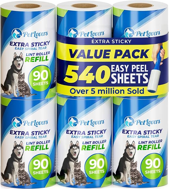 PetLovers Lint Roller Refills – Extra Sticky Pet Hair & Lint Remover Sheets, 540 Sheets, 6 Refills