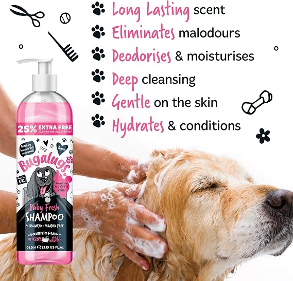 BUGALUGS Baby Fresh Dog Shampoo – Vegan Puppy & Dog Grooming Shampoo with Baby Powder Scent, 625ml