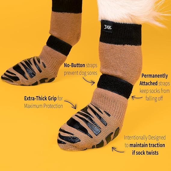 DOK TigerToes Premium Non-Slip Dog Socks – Extra-Thick Grip Paw Protection for Hardwood Floors, Anti-Slip & Paw Cover Socks, Cool Caramel, Large