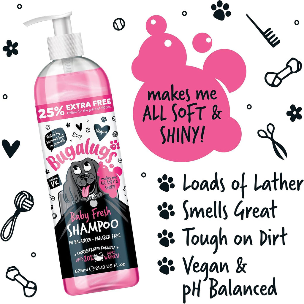 BUGALUGS Baby Fresh Dog Shampoo – Vegan Puppy & Dog Grooming Shampoo with Baby Powder Scent, 625ml