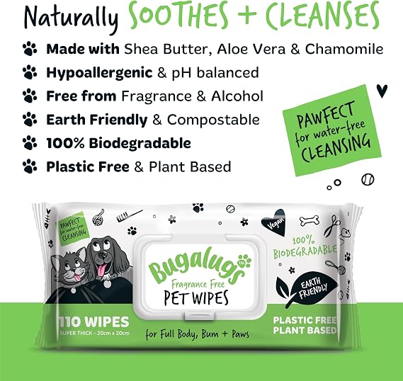 BUGALUGS Dog Wipes – Plastic-Free Biodegradable Pet Grooming Wipes, Fragrance-Free Sensitive Wipes for Dogs, Puppies & Cats, 110 Wipes