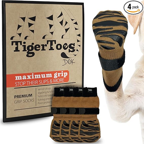 DOK TigerToes Premium Non-Slip Dog Socks – Extra-Thick Grip Paw Protection for Hardwood Floors, Anti-Slip & Paw Cover Socks, Cool Caramel, Large