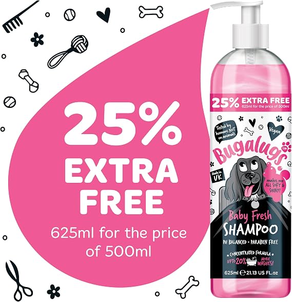 BUGALUGS Baby Fresh Dog Shampoo – Vegan Puppy & Dog Grooming Shampoo with Baby Powder Scent, 625ml