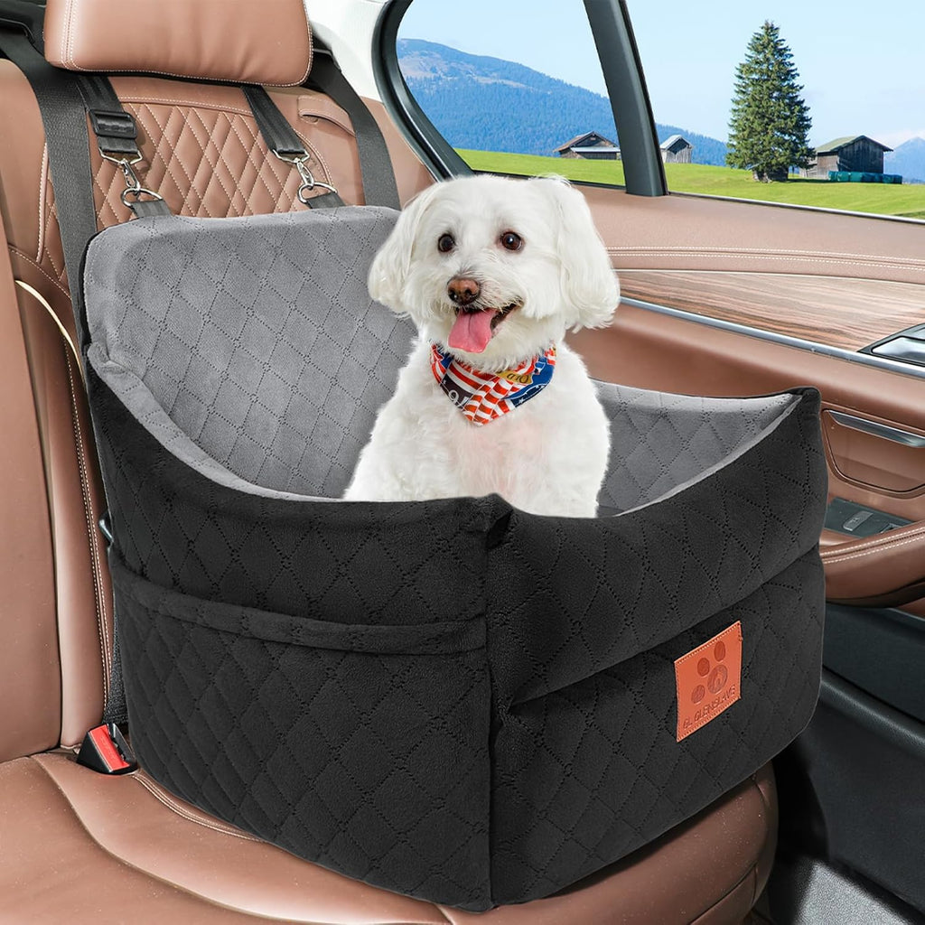 Dog Car Seat for Small & Medium Dogs – Booster Seat with Thick Washable Cushion, 2 Safety Belts & Storage Pockets, Black/Grey