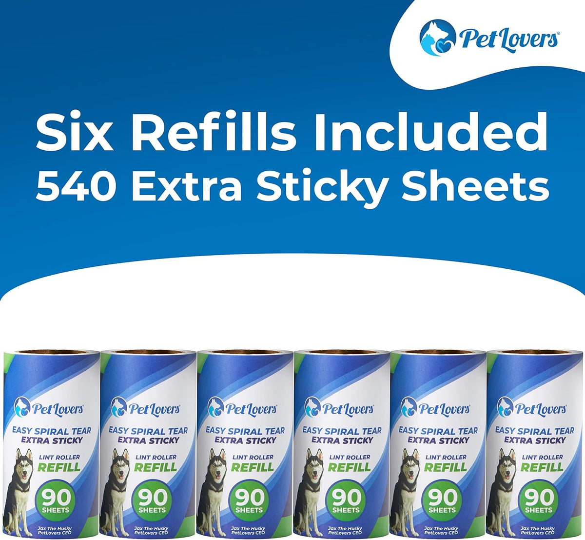 PetLovers Lint Roller Refills – Extra Sticky Pet Hair & Lint Remover Sheets, 540 Sheets, 6 Refills