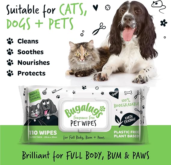 BUGALUGS Dog Wipes – Plastic-Free Biodegradable Pet Grooming Wipes, Fragrance-Free Sensitive Wipes for Dogs, Puppies & Cats, 110 Wipes