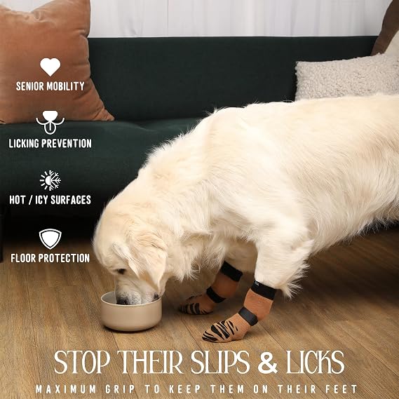 DOK TigerToes Premium Non-Slip Dog Socks – Extra-Thick Grip Paw Protection for Hardwood Floors, Anti-Slip & Paw Cover Socks, Cool Caramel, Large