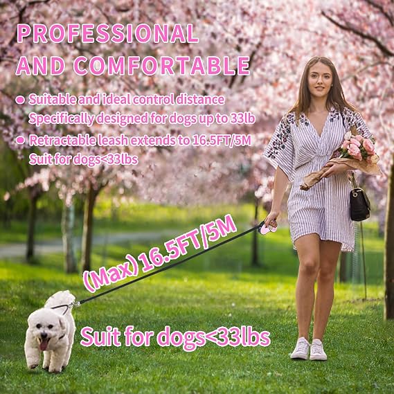 ANCOOLE 5m Retractable Dog Lead – 16ft Automatic Extendable Dog Leash for Small & Medium Dogs, Pink