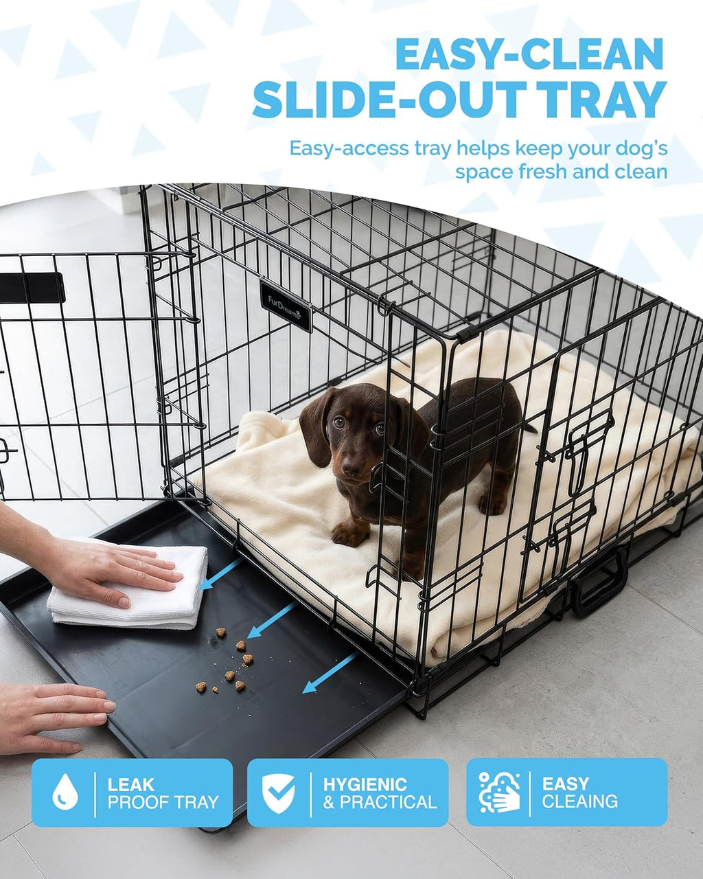 FurDreams 42" Folding Dog Crate for XL Dogs – Heavy-Duty Metal Cage with Front & Side Doors, Removable Plastic Tray, Carry Handle, Black