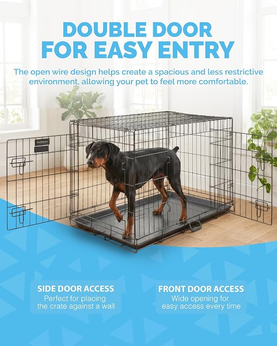 FurDreams 42" Folding Dog Crate for XL Dogs – Heavy-Duty Metal Cage with Front & Side Doors, Removable Plastic Tray, Carry Handle, Black