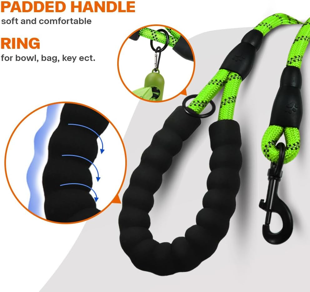 Rope Dog Lead with Soft Padded Handle – Reflective Rock Climbing Rope Lead for Medium and Large Dogs 150 Cm 1.2 Cm Neon Green