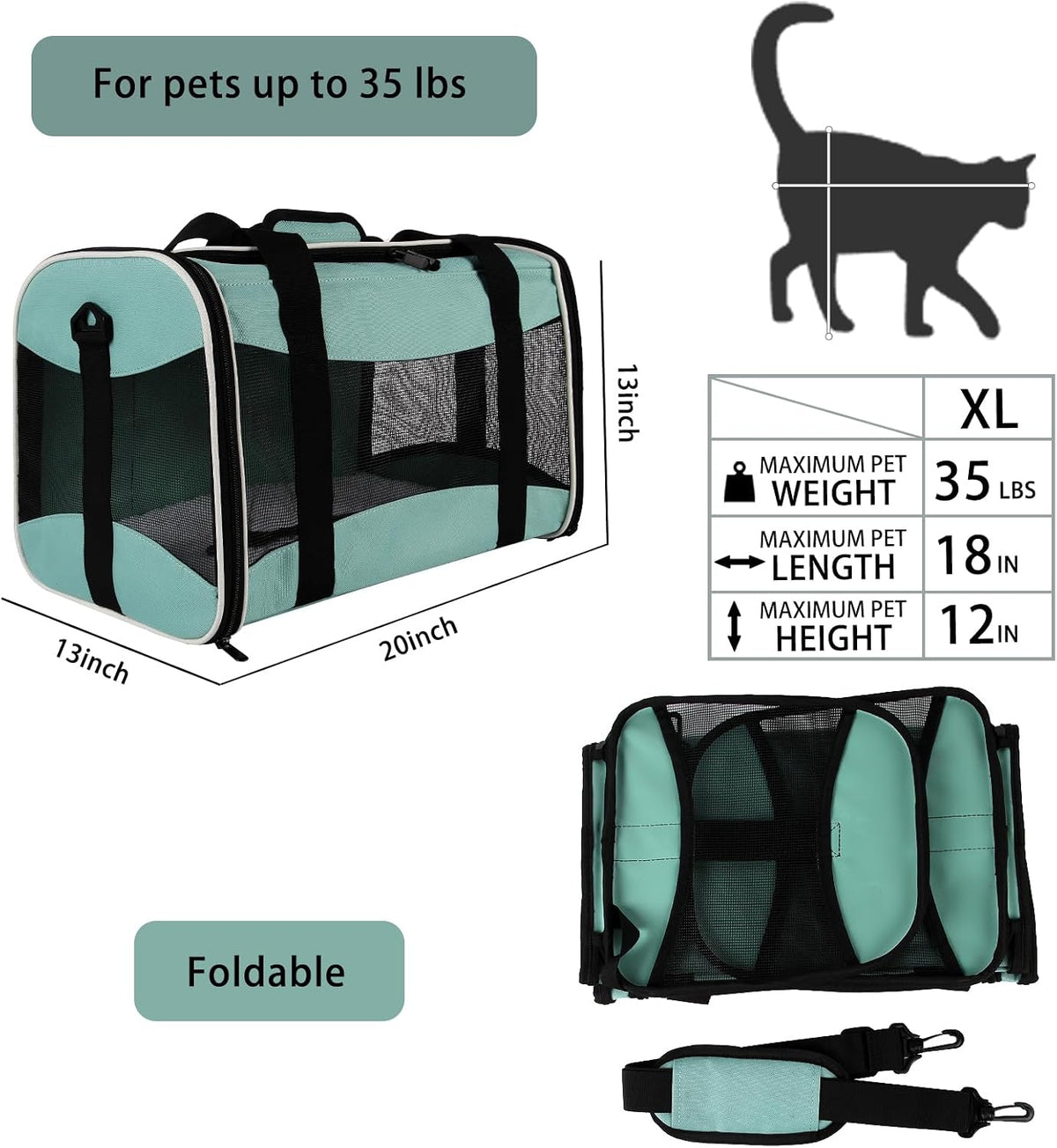 Cat Carrying Case - Pet Carrier, up to 30Lbs Soft Sided Protable and Breathabl Pet Travel Carrier, Pet Travel Carrier Removable Fleece Pad, Collapsible for Large Cats Small Dogs(X-Large, Green)
