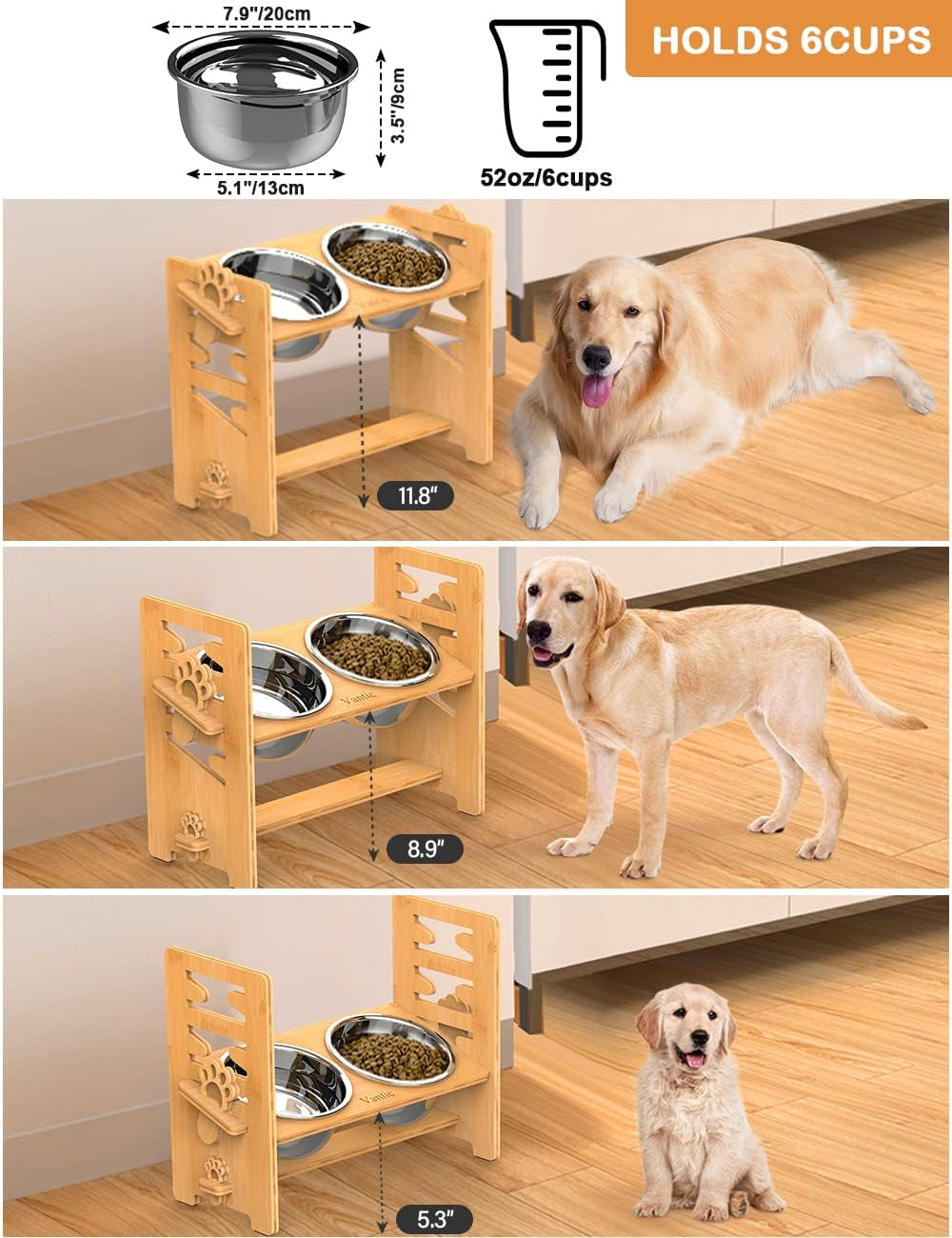 Raised Dog Bowls with Stand, Adjustable Bamboo Feeder, Large