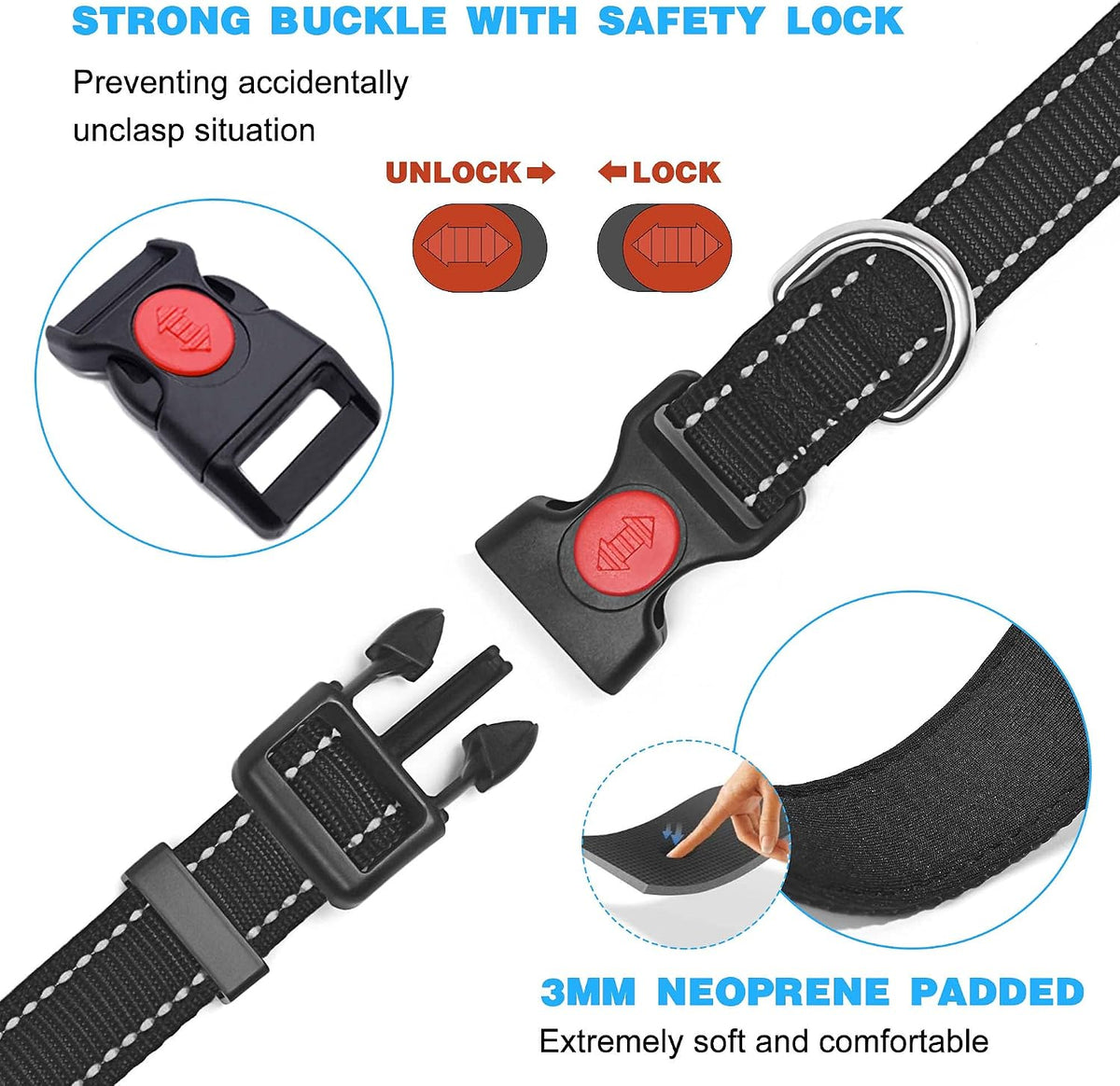 Reflective Dog Collar Padded with Soft Neoprene Breathable Adjustable Nylon Dog Collars for Small Medium Large Dogs