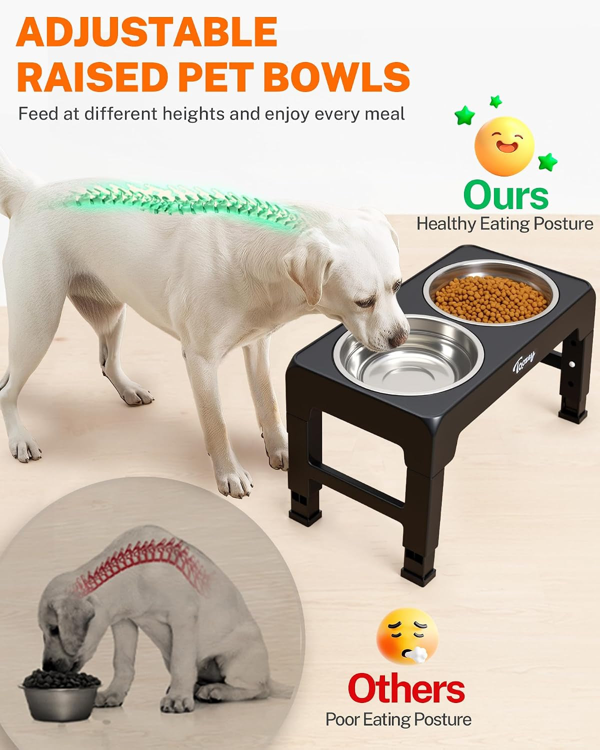 Raised Dog Bowl Height-Adjustable, Elevated Dog Bowls with 2X 1200Ml Stainless Steel Bowls, for Small Medium & Large Dogs, Non-Slip and No Spill, Black