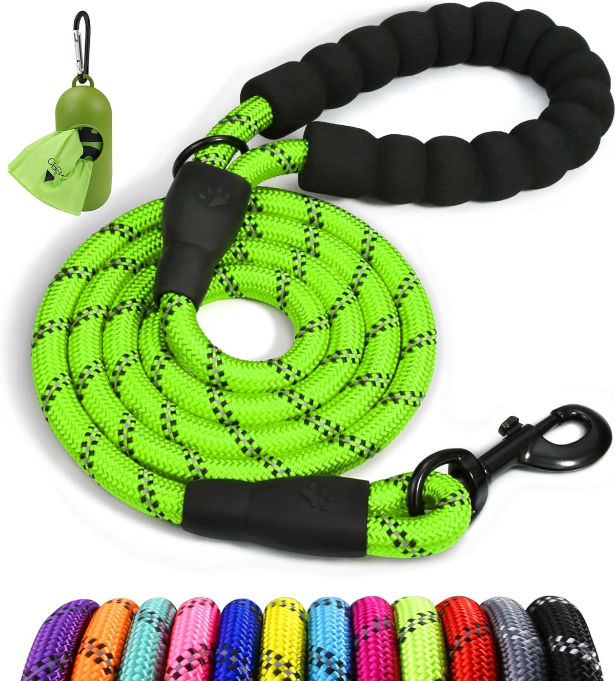 Rope Dog Lead with Soft Padded Handle – Reflective Rock Climbing Rope Lead for Medium and Large Dogs 150 Cm 1.2 Cm Neon Green