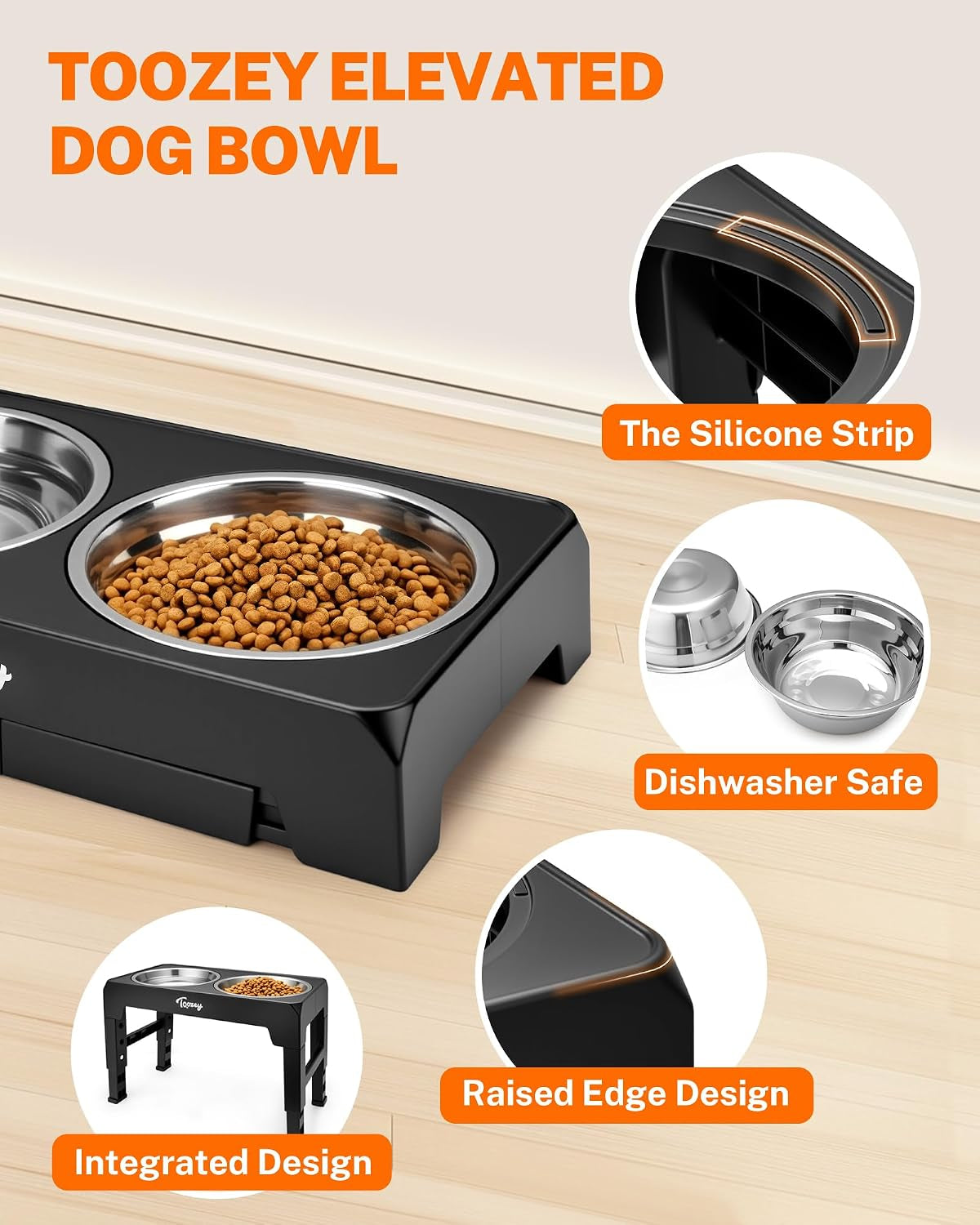 Raised Dog Bowl Height-Adjustable, Elevated Dog Bowls with 2X 1200Ml Stainless Steel Bowls, for Small Medium & Large Dogs, Non-Slip and No Spill, Black