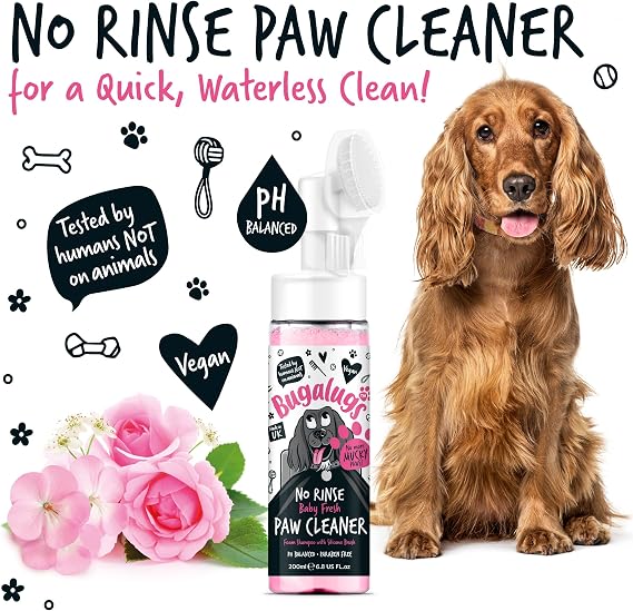 BUGALUGS Dog Paw Cleaner – No-Rinse Waterless Foam with Silicone Brush, Baby Fresh, Travel-Friendly Paw Wash for Dogs & Cats