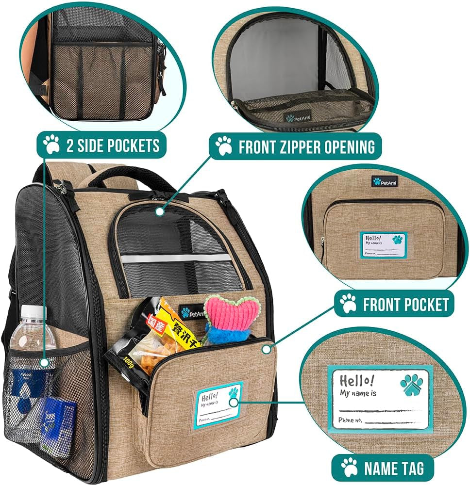 Dog Backpack Carrier for Small to Large Pets & Cats - Ventilated Pet Hiking Backpack Travel Bag, Airline & Camping/Biking Dog Bag, up to 18Lbs, Taupe