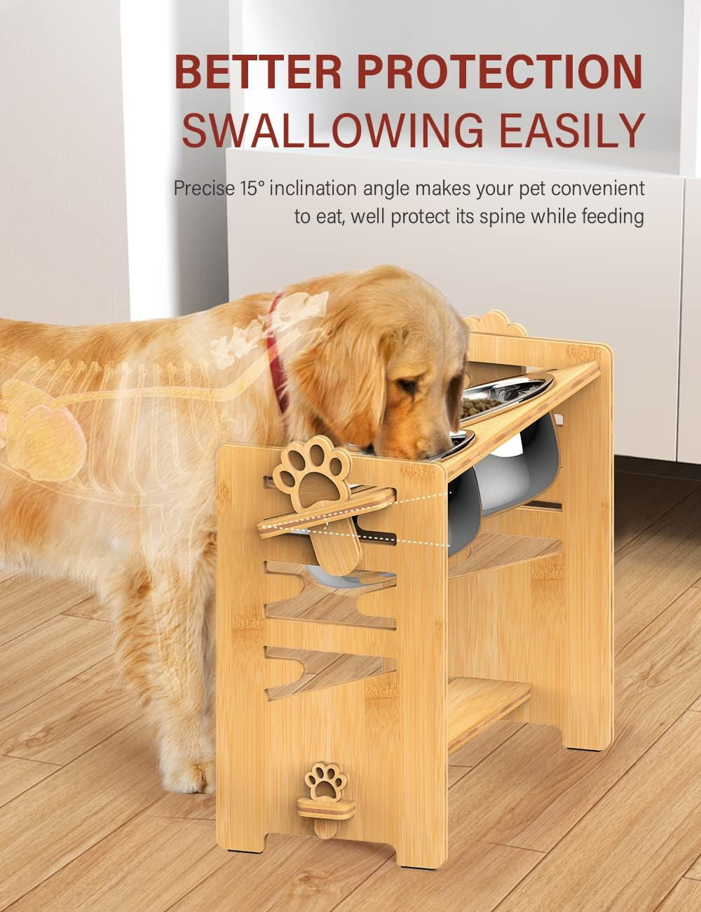 Raised Dog Bowls with Stand, Adjustable Bamboo Feeder, Large