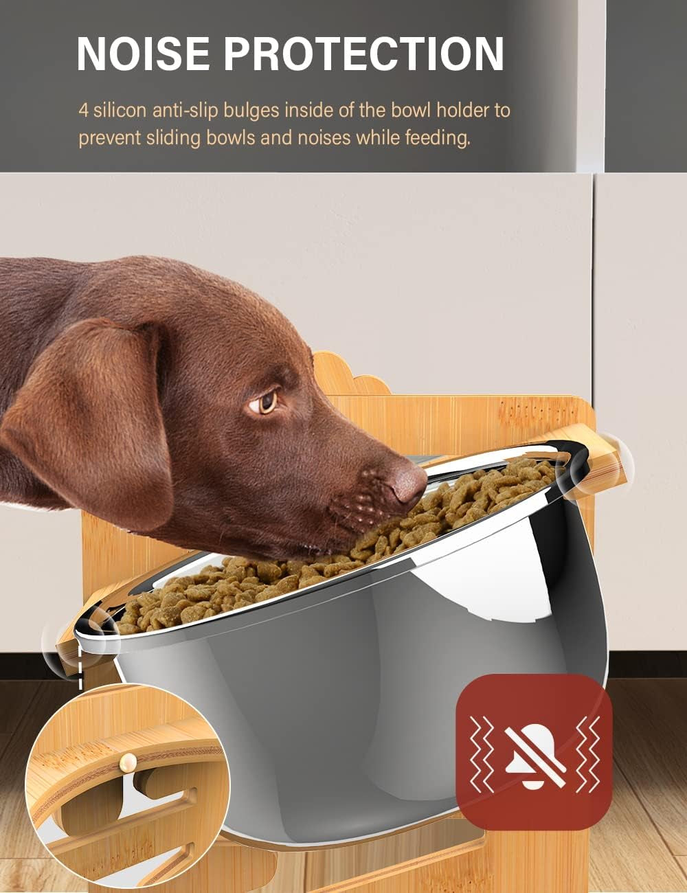 Raised Dog Bowls with Stand, Adjustable Bamboo Feeder, Large