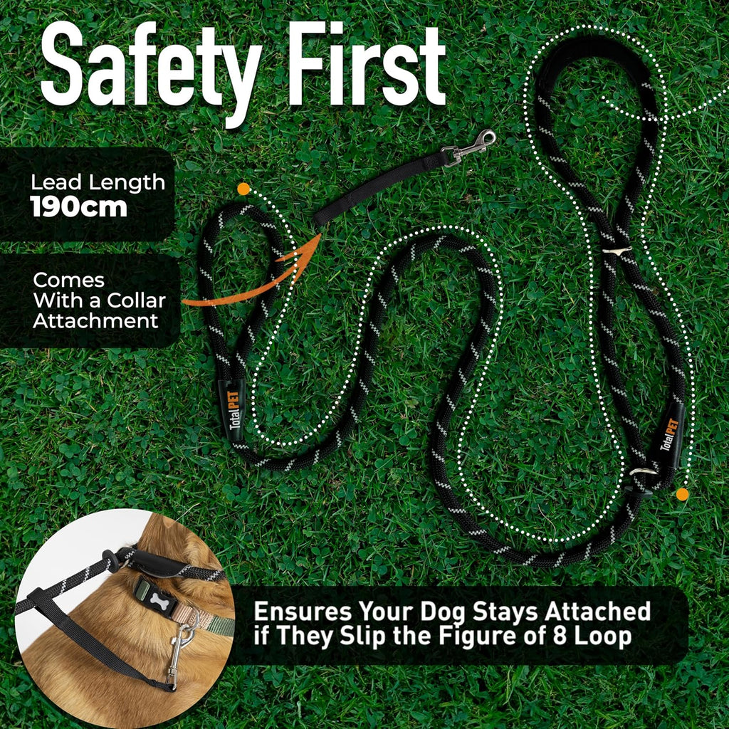 Total Pet Figure of 8 Dog Lead – Anti-Pull Rope Slip Lead with Padded Nose Support for Medium & Large Dogs, Black