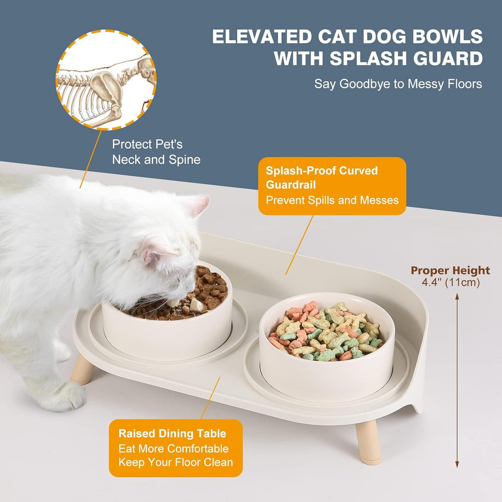 Raised Ceramic Cat Food Bowl Set - Elevated Dog Bowls with Non-Slip Stand - Tall Cat Dishes - 2 X 320 ML - 4.9 OZ - White