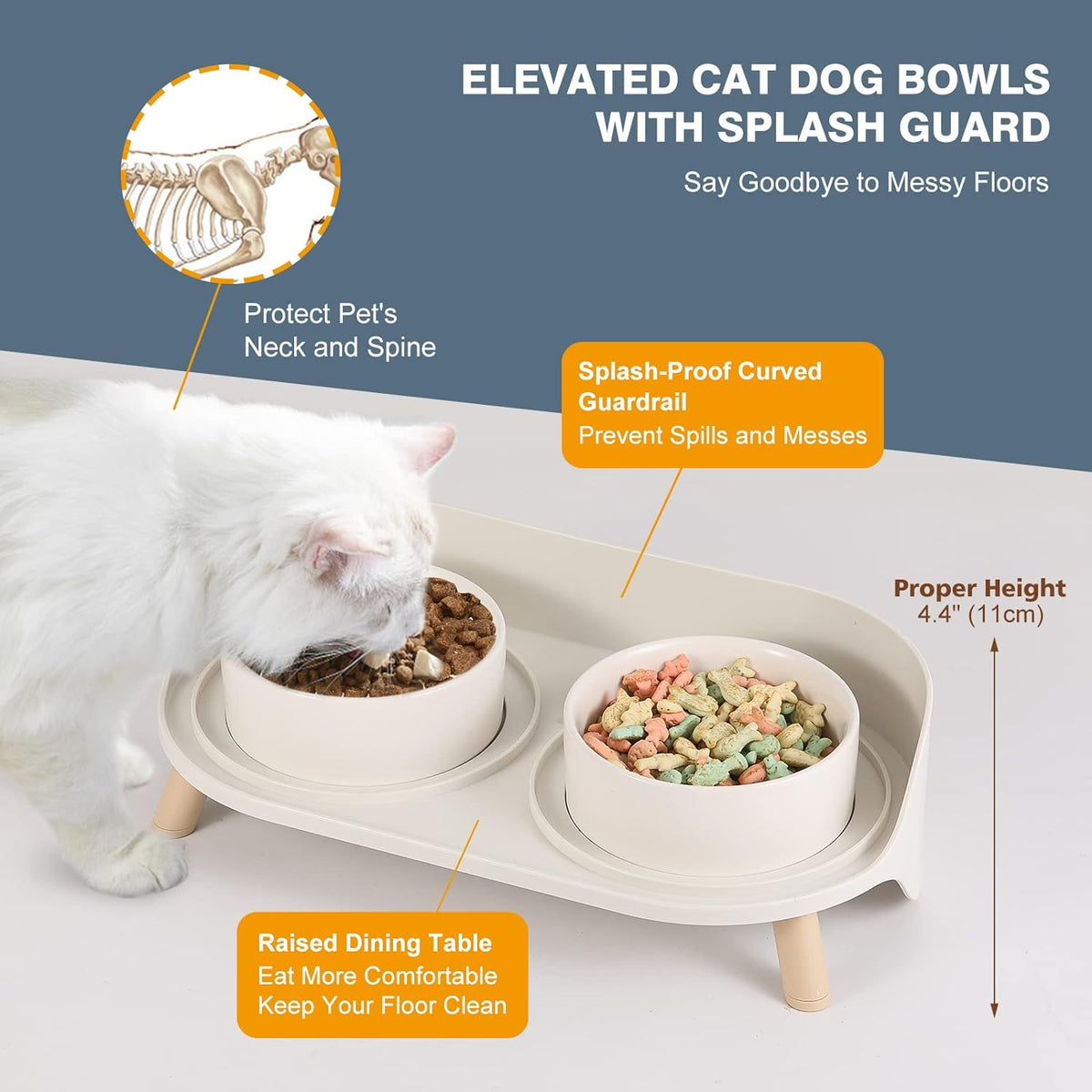 Raised Ceramic Cat Food Bowl Set - Elevated Dog Bowls with Non-Slip Stand - Tall Cat Dishes - 2 X 320 ML - 4.9 OZ - White