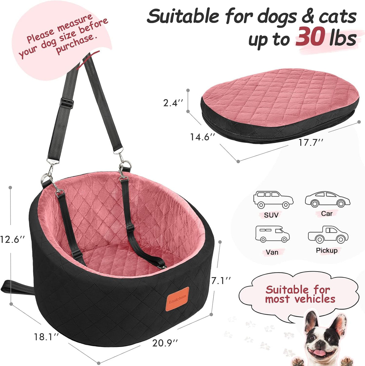 Dog Car Seat for Small Dogs,Comfy Pet Travel Car Bed with 2 Clip-On Leashes,Fully Removable & Washable,Non-Slip Base with Seatbelt Channle, Easy to Install (Black/Pink, Small)